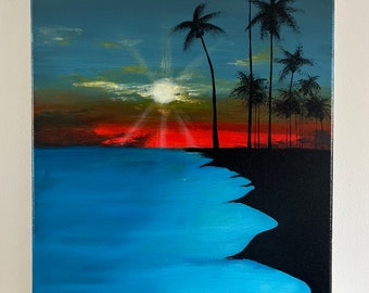 Palm tree sunset ocean acrylic painting