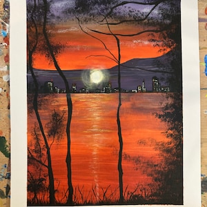 Orange sunset acrylic painting on paper