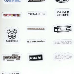 May include: A collection of stickers featuring band names and logos, including *NSYNC, Backstreet Boys, Spice Girls, Dr. Dre, Kaiser Chiefs, Radiohead, Destiny's Child, TLC, The Cranberries, All Saints, The Prodigy, Oasis, B*Witched, and The Verve. The stickers are white with various fonts and designs.