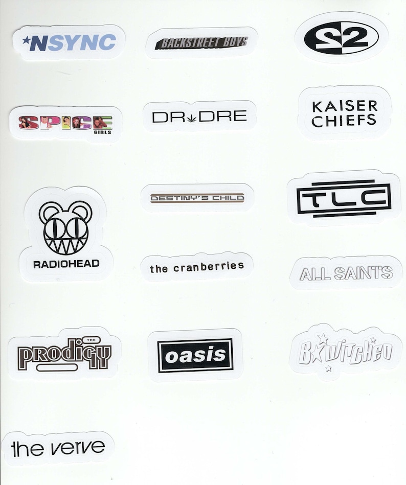 May include: A collection of stickers featuring band names and logos, including *NSYNC, Backstreet Boys, Spice Girls, Dr. Dre, Kaiser Chiefs, Radiohead, Destiny's Child, TLC, The Cranberries, All Saints, The Prodigy, Oasis, B*Witched, and The Verve. The stickers are white with various fonts and designs.