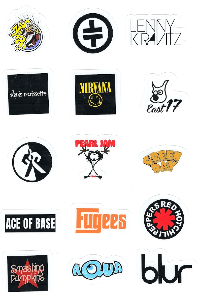May include: A collection of stickers featuring band logos and names, including Nirvana, Pearl Jam, and Green Day. The stickers are various shapes and colors, with text and graphics. The background is white.