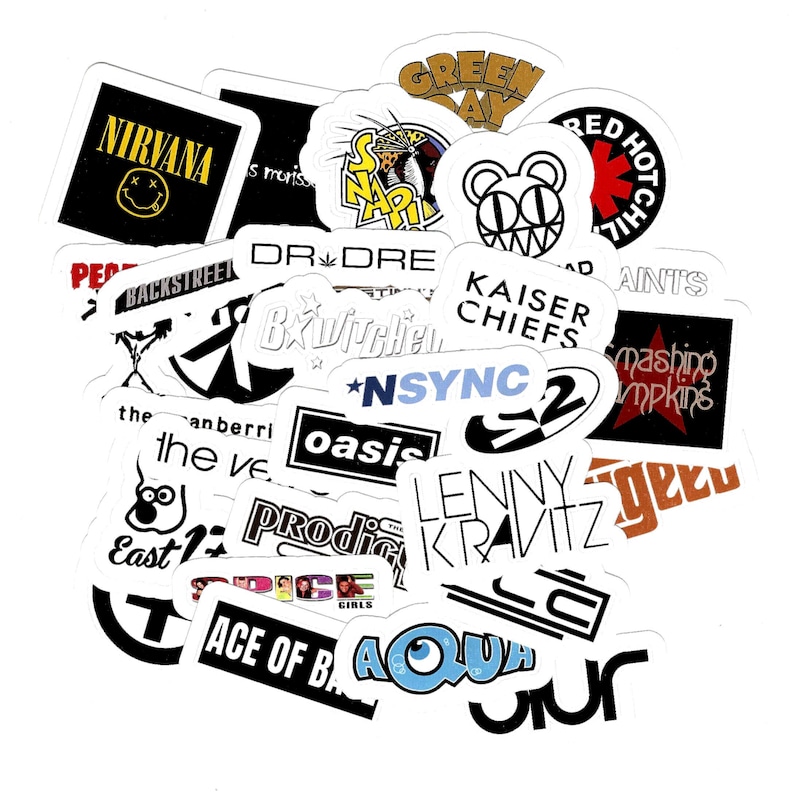 May include: A collection of various stickers featuring band logos and text. Stickers include Nirvana, Red Hot Chili Peppers, Oasis, and more. The stickers are white with black and colored text.