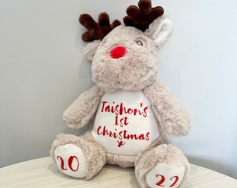 Personalised First Christmas Teddy, Baby 1st Christmas Gift, Reindeer Soft Toy, Reindeer Teddy, Custom Cuddly Toy, Baby Stocking Fillers