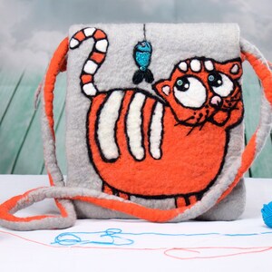 Sac à bandoulière en laine, fait à la main avec chat feutré, pour enfants,  écologique, OOAK