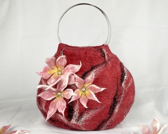 OOAK retro handbag. Best gift for women. Red felted handbag. Handbag with flowers. Bag with cherry blossoms. Handmade bag.