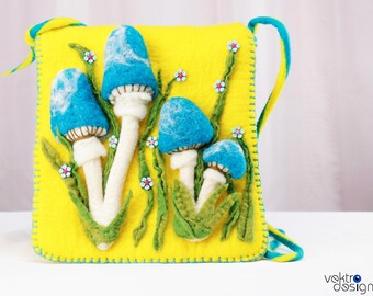 Handmade Felted Crossbody Bag for Kids, Yellow Mushroom Shoulder Bag