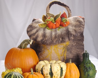 OOAK backpack. Best gift for women. Felted backpack. Autumn backpack. Backpack with pumpkins. Brown backpack. Wearable art.