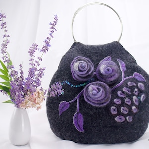 OOAK handbag for special occasions. Best gift for women. Felted handbag in natural wool. Beaded bag. Black handbag. Handbag with roses.