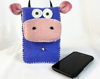 Handmade wool felted phonecase. Purple phonecase. Violet cow with bell telephone case. Best gift.  Eco-friendly pouch.