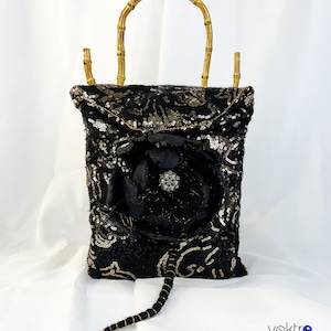 Nuno felted black handbag with sequins. OOAK felted handbag with bamboo handle. Best gift for women. Eco-friendly wool bag. Best Gift.