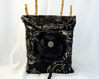 Nuno felted black handbag with sequins. OOAK felted handbag with bamboo handle. Best gift for women. Eco-friendly wool bag. Best Gift.