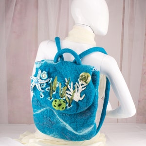 Handmade backpack. Best gift for girls. OOAK turquoise backpack. Felted bag with seashells. Beaded bag with corals. Blue backpack. image 4