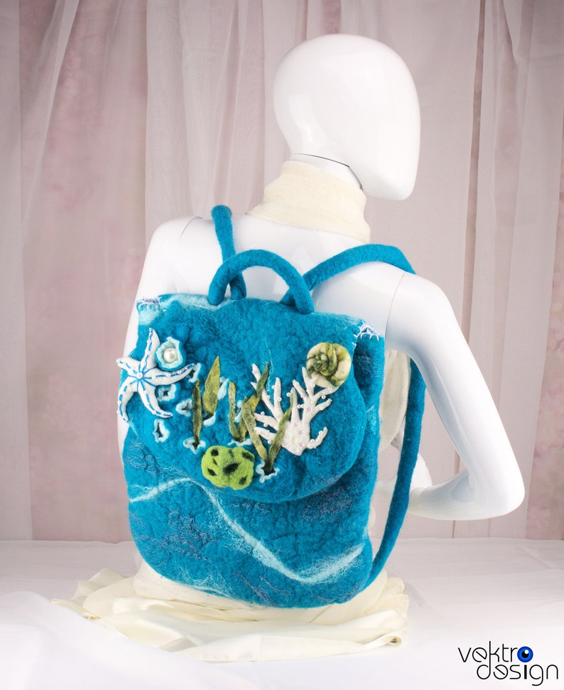 Handmade backpack. Best gift for girls. OOAK turquoise backpack. Felted bag with seashells. Beaded bag with corals. Blue backpack. image 4