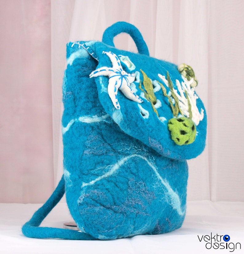 Handmade backpack. Best gift for girls. OOAK turquoise backpack. Felted bag with seashells. Beaded bag with corals. Blue backpack. image 6