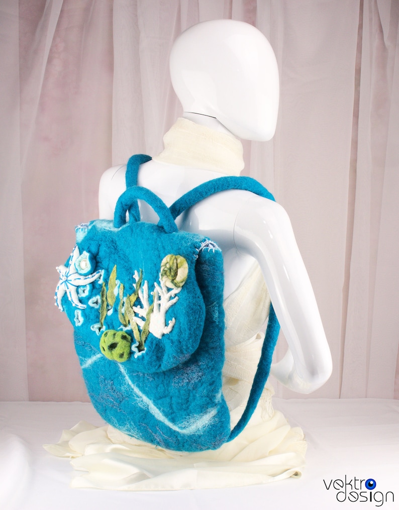 Handmade backpack. Best gift for girls. OOAK turquoise backpack. Felted bag with seashells. Beaded bag with corals. Blue backpack. image 3