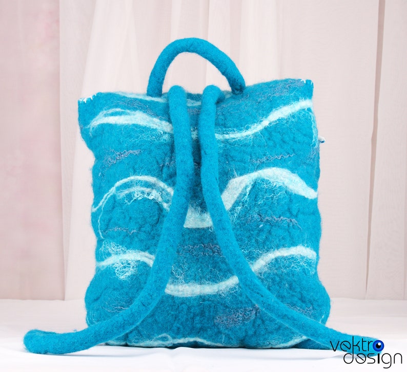 Handmade backpack. Best gift for girls. OOAK turquoise backpack. Felted bag with seashells. Beaded bag with corals. Blue backpack. image 7