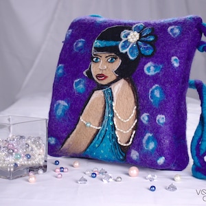 OOAK Crossbody Bags for Women. Best gift for women. Handmade Felted Over Shoulder Purse. Flapper Girl Art.  Roaring 20s Gift for Her.