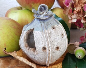 Handmade ceramic seed pod with snail, whimsical, incense burner,fairy light holder, open seed pod, ornament for house or garden, fairy house