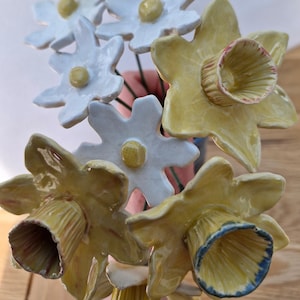 Daffodils and daisies, handmade ceramic flowers for decorating the home