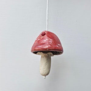 May include: A ceramic mushroom ornament hanging from a white string. The mushroom has a glossy red cap with a small red ladybug attached to the top and a matte off-white stem. The underside of the cap shows dark brown textured gills.