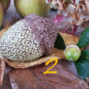 May include: A ceramic acorn with a brown and green glaze, sitting on a brown leaf with a green leaf and a real acorn beside it. The number "2" is written in orange on the leaf.