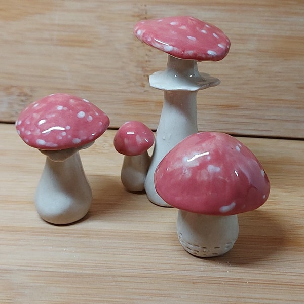 Ceramic toadstools , set of three, mushrooms, hand made and decorated fungi,  autumnal decoration, red or blue ceramic fungus