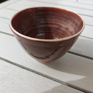 May include: A brown ceramic bowl with a white rim. The bowl has a swirling pattern inside.