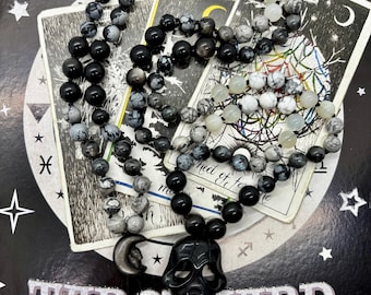 Scream Mask Mala Necklace - Obsidian, Moonstone, Jasper Meditation Beads