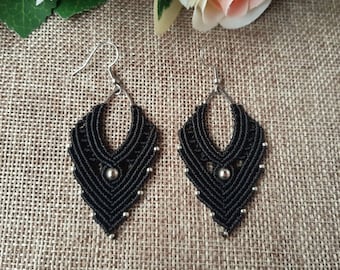 Black boho macrame earrings, micro macrame jewelry, lightweight earrings, bohemian style jewelry, long earrings, woven jewelry, gift for her