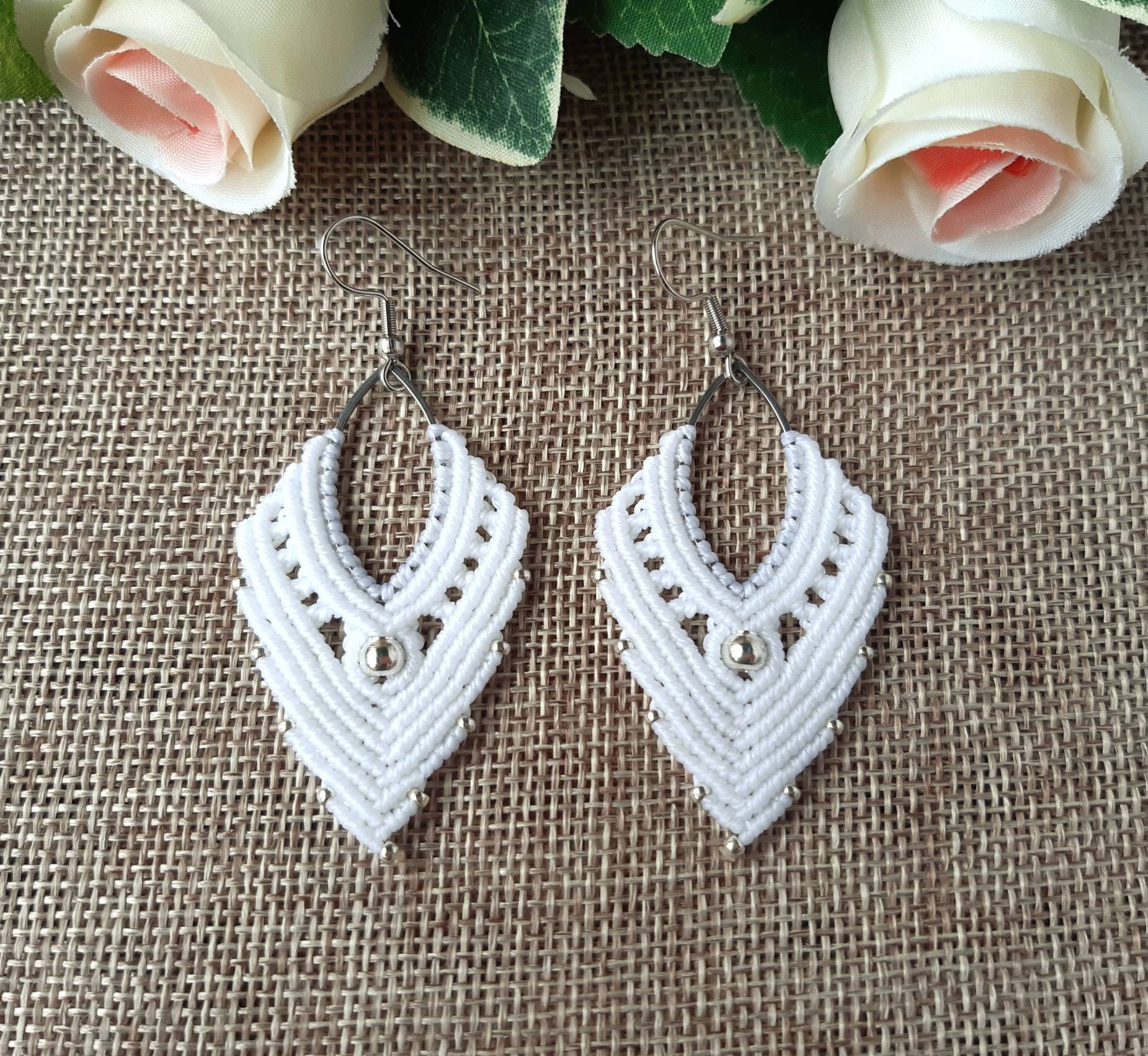 White Macrame Earrings Boho Wedding Earrings Macrame Jewelry
