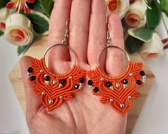 Large orange earrings, orange macrame earrings, large macrame earrings, bohemian macrame jewelry, large boho earrings, orange boho earrings