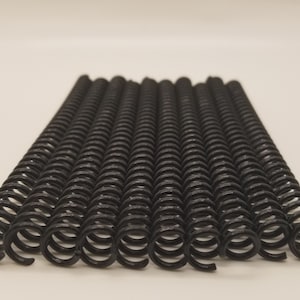 May include: A close-up of a set of black metal binding coils. The coils are arranged in rows and are ready to be used to bind documents.