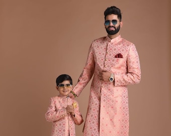 Handmade KimKhab Sherwani Achkan for Men | Father Son Combo | Pink Color | Formal Kurta Style wear | Perfect for Grooms