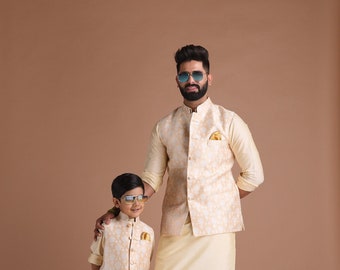 Golden Cream Half Jodhpuri Designer Jacket With Silk Kurta Pajama Set for Kids | Available in Father Son Combo | Best for Occasions
