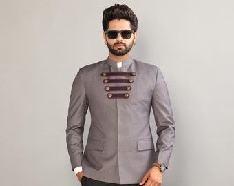 Denim Gray Jodhpuri Blazzer With Strap Lock Pattern With Black Trouser | Free Personalisation Handmade | Cocktail Parties | Jodhpuri