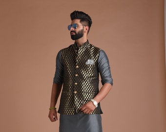 Booti Pattern Black Brocade Silk Jacket With Kurta Pajama Set | Free Personalisation Handmade | Wedding Functions