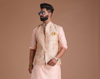 Elegant Banarsi Light Pink Color Designer Half Jodhpuri Jacket with Silk Kurta Pajama Set | Fee Personalisation |  Festivals Family Function