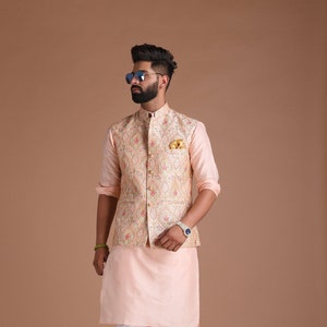 Elegant Banarsi Light Pink Color Designer Half Jodhpuri Jacket with Silk Kurta Pajama Set | Fee Personalisation |  Festivals Family Function