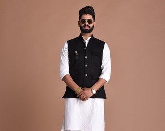 Three Pocket Black Color  Half Premium Faux Suede Leather Fabric Jacket With Kurta Pajama| Bespoke Indian Traditional Wear |