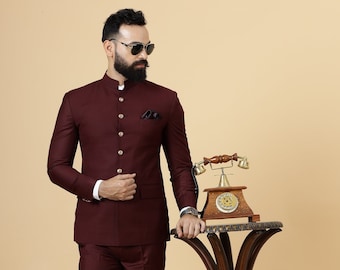 Wein Jodhpuri Bandhgala Designer Anzug | Festival Familienfunktionen | Perfekt für Hochzeit und Party