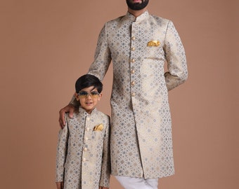 Exclusive Royal Golden Grey Floral Pattern Banarasi KimKhab Sherwani |Available in Father Son | Perfect for Grooms , Weddings
