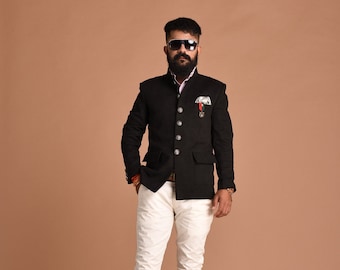 Exclusive Suede Leather Black Color Jodhpuri Bandhgala Blazer With White Trouser | Party Wear for Open and Daylight Functions