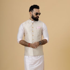 Soft Pink Kurta Pajama Set with Beige Banarasi Silk Half Jodhpuri Jacket -Handcrafted |Free Personalization | Diwali, Sangeet Party
