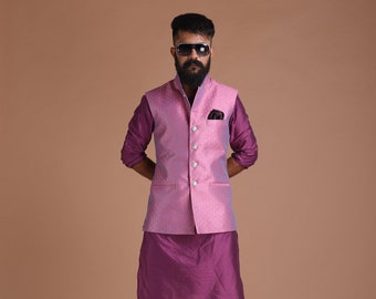 Diamond Shape Embroidered  Pattern Purple Color Designer Half Jodhpuri Jacket With Kurta Pajama Set | Wedding Functions |