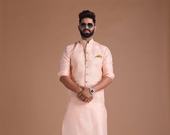 Exclusive Lucknow Heavy Chikankaari Royal-Pink Nehru Jacket with Silk Kurta Pajama | Groom Wear for Pre & Post Wedding Functions