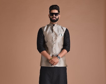 Handmade Booti Pattern Brocade Silk Half Jodhpuri Jacket With Kurta Pajama Set | Silver Color | Best For Haldi, Cocktail Party|