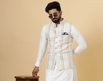 Off-White Kurta Pajama Set with Pastel Shade Mirror Embroidered half Jodhpuri Jacket -Handcrafted |Free Personalization |Diwali, Sangeet