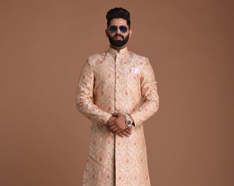 Handmade Traditional Lucknowi Heavy Embroidered Light Pink Sherwani Achkan | Perfect Groom Wedding Wear