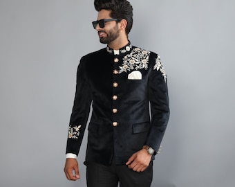 Black Makhmali Hand Embroidered Jodhpuri Bandhgala Jacket with Hand-Enameled Buttons| Perfect Contemporary style for Wedding| Floral Details