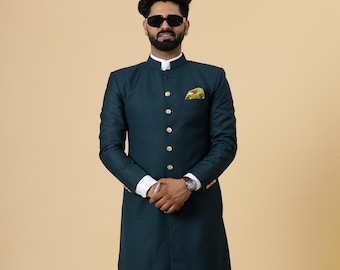 Bespoke Teal Terry Rayon Achkan for Men | Indian Wedding Groom Attire